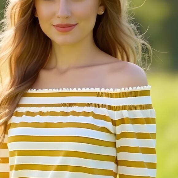 J. Crew Off-Shoulder Top in Yellow and White 3/4 length Sleeves Stripes Size XXS - Picture 2 of 5